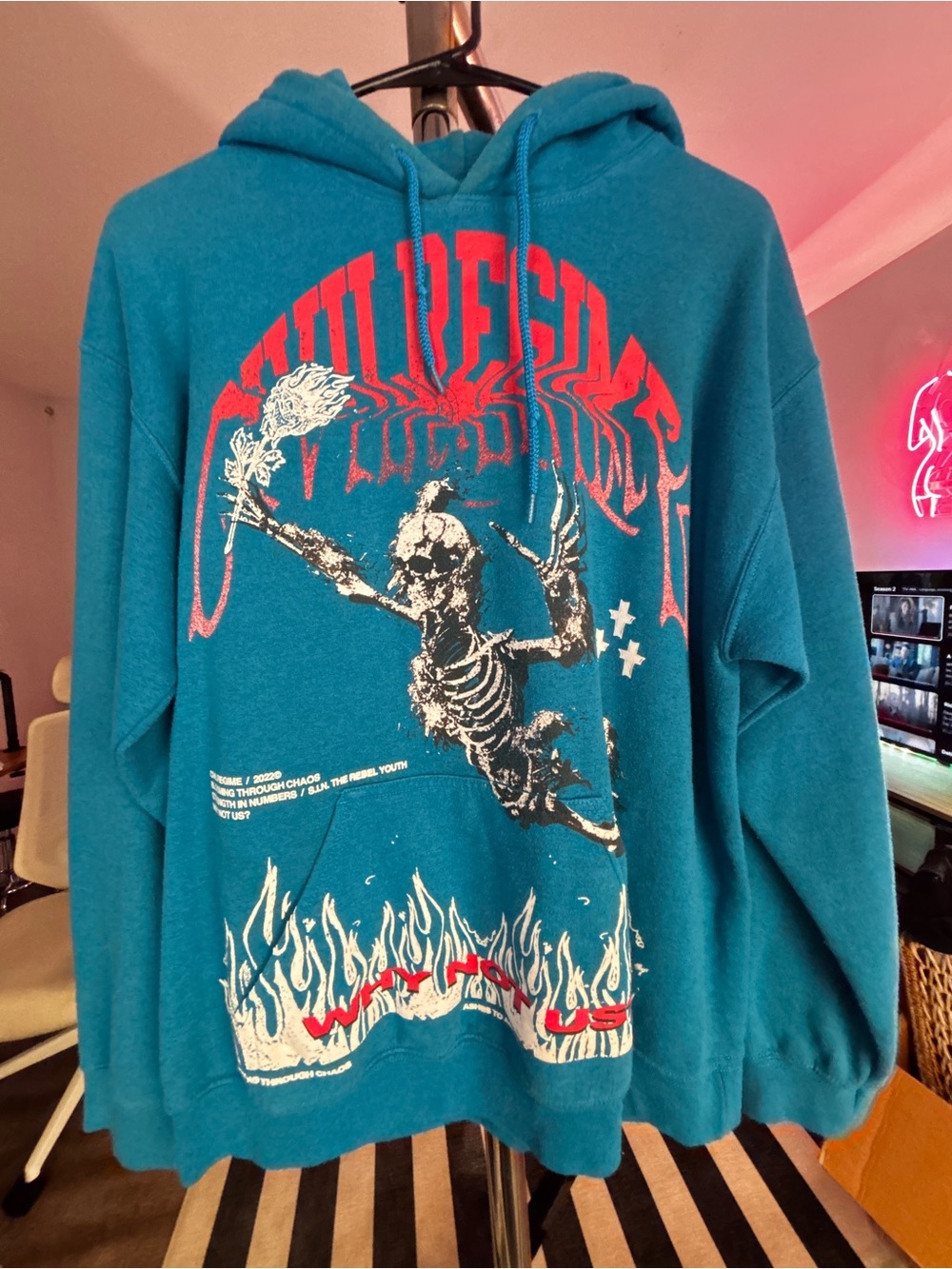 Civil Regime blue and red hoodie with Skeleton Print